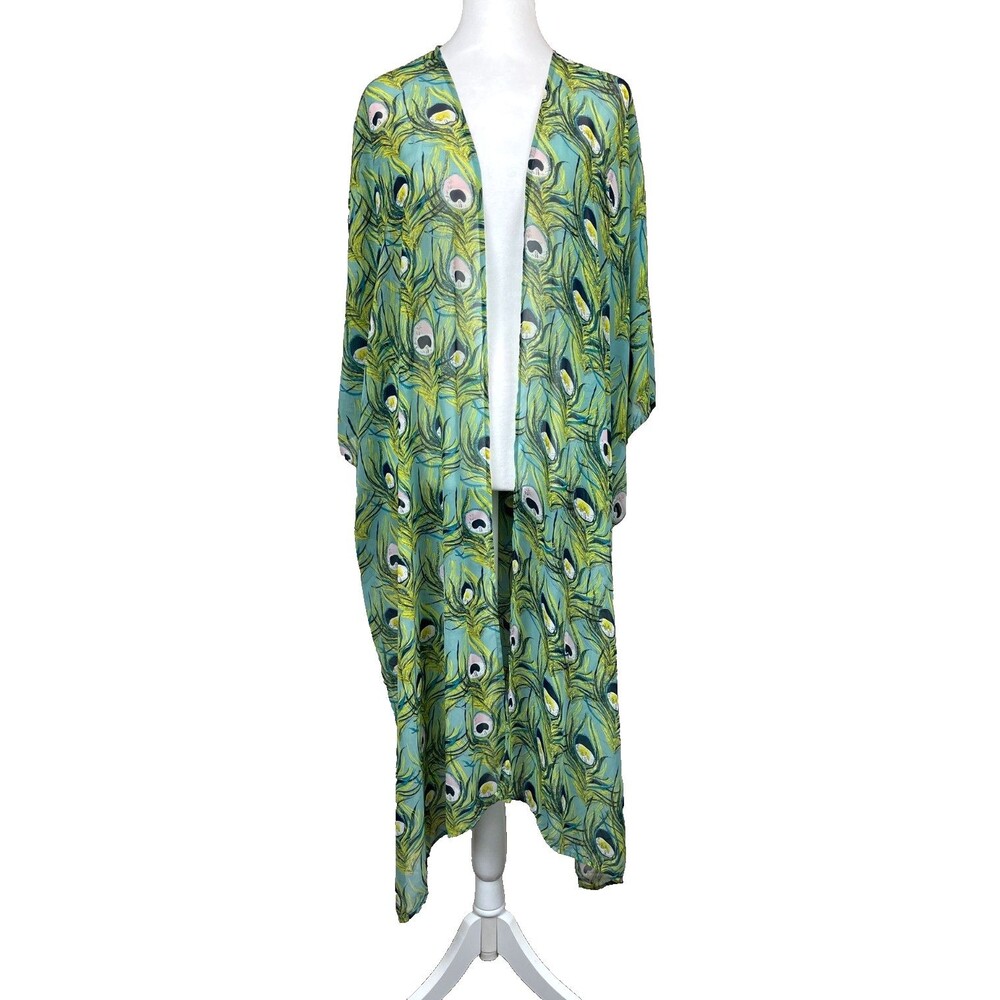 Umgee Peacock Feather Print Kimono Duster Cover-Up Cotton Blend Long M/L